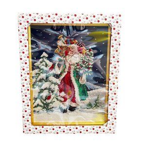 Vintage Dillards Trimmings Cross Stitch Gold Frame Santa w/ Gifts Christmas Tree